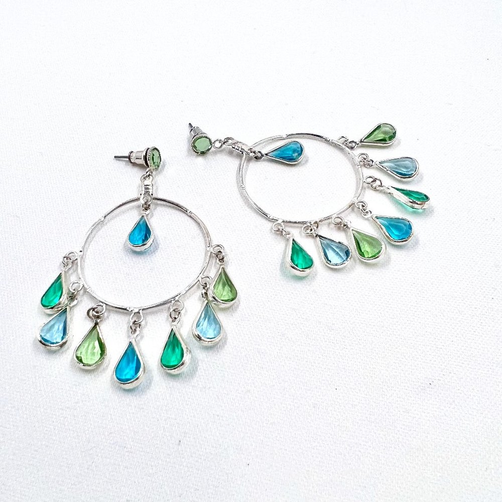 NWOT - Blue & Green Teardrop Beaded Silver Tone Chandelier Style Post Earrings